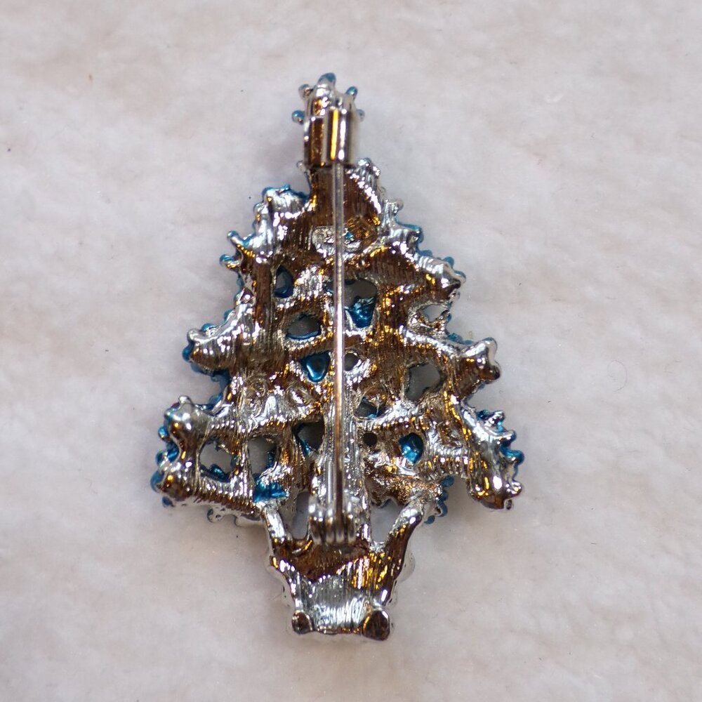 Blue Rhinestone Holiday Tree Pin Brooch - Picture 7 of 8